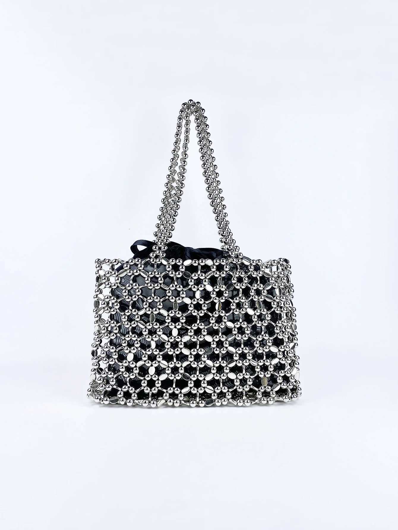 Fashionable niche shiny silver beaded bag woven lightweight hollow beaded versatile shoulder bag Y250730