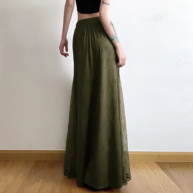 Women Vintage Suede Nap Lace Patchwork Hem Zip Long Skirt Cyber Y2K Chic Drawstring Pocket Aline Skirts Lady Grunge Streetwear 250730