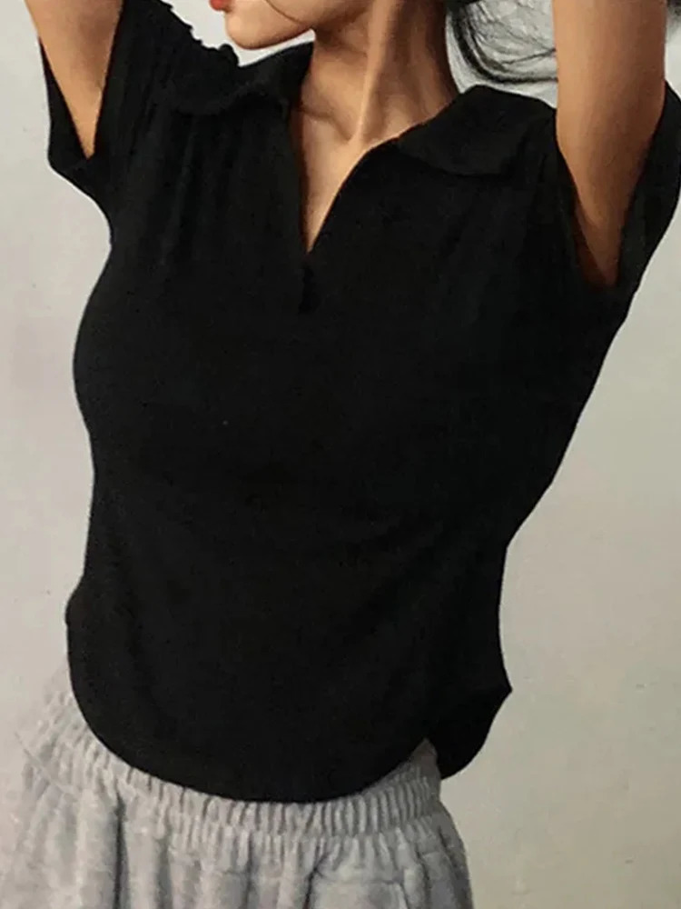 Summer Short Sleeve Lapel Top WomenS Solid VNeck Pullovers Retro Sweet Shirts Girl Crop Top Female Slim Versatile Tee 250724