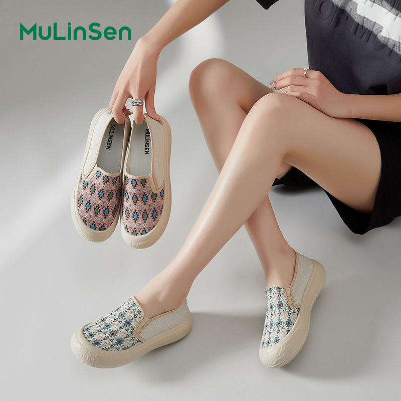 Mulinsen canvas shoes women's summer breathable thin lazy slip-on thick-soled lightweight old Beijing cloth shoes big toe shoes