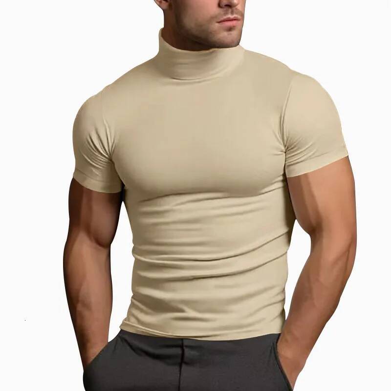 Cross-border 2025 summer solid color short-sleeved fashion bottoming shirt men's tight turtleneck T-shirt