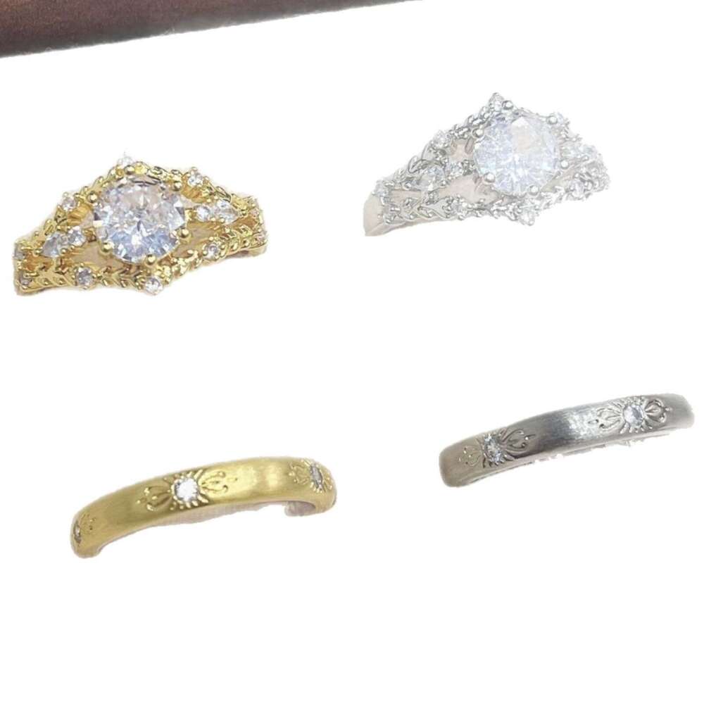 Vintage Style Multi-layer Zircon Brushed Flower Carving Open Ring Gold and Silver Two-tone Versatile Fashionable Elegant d2d
