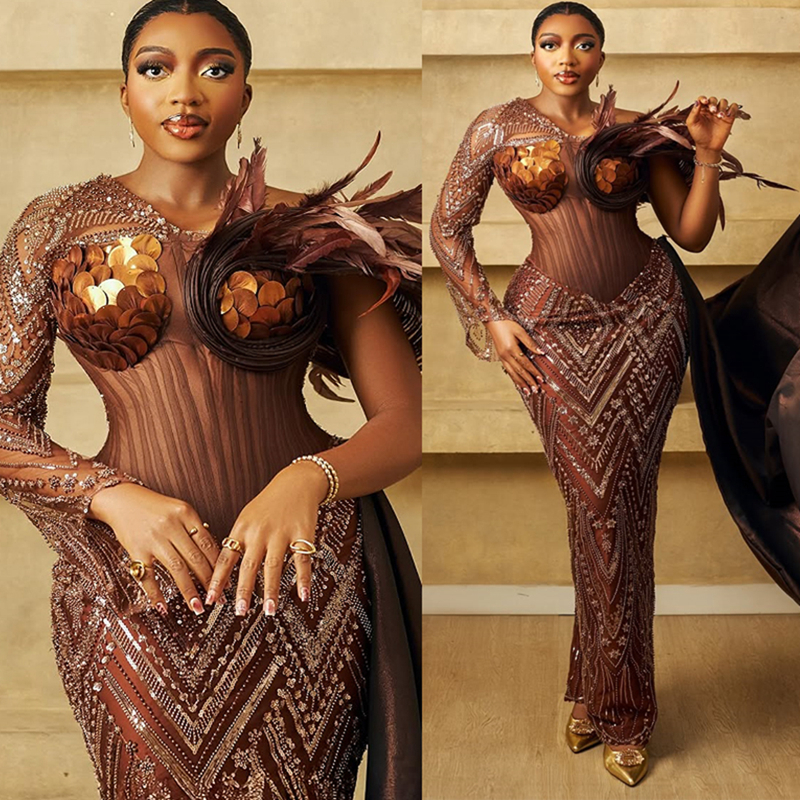 2025 Plus Size Brown Prom Dress Feather Evening Dresses Formal Gowns Beaded Lace Long Sleeves Pleated Pearls Birthday Dress Second Reception Gowns AM2