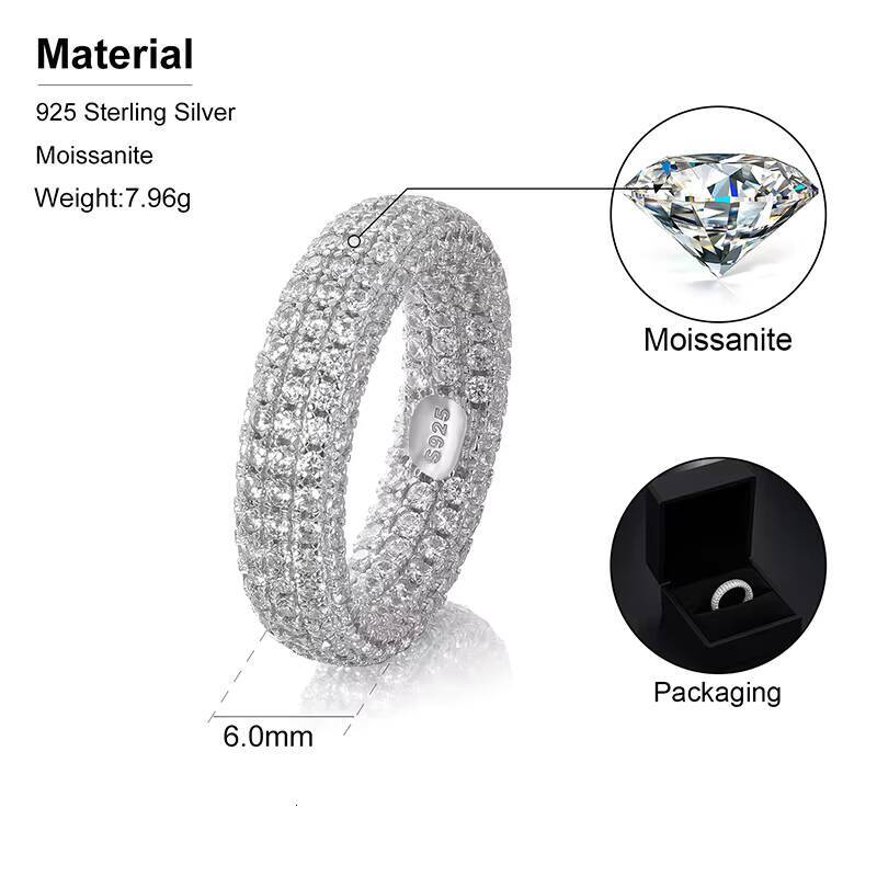 Fashion Hip Hop Jewelry Bling 18K White Gold Plated 925 Sterling Silver Micro Pave VVS Moissanite Diamond Finger Band Ring