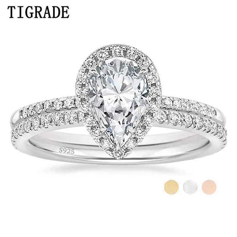 TIGRADE 925 Sterling Silver Wedding Band Teardrop Bridal Rings Sets Halo Cubic Zirconia Solitaire Engagement Ring For Women Size y250730