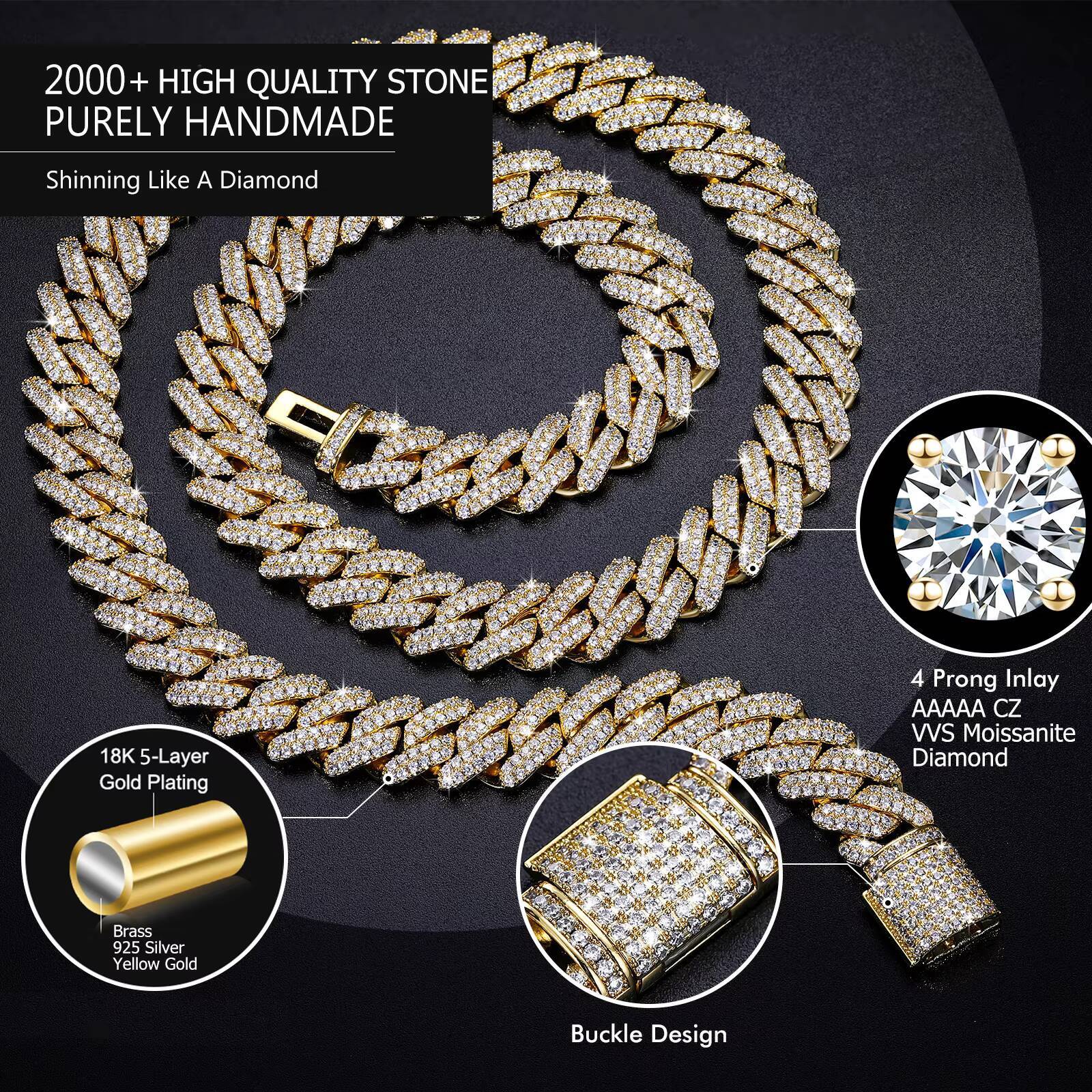 TUHE Jewelry 14mm 2 Rows Real Gold Plated S925 VVS Moissanite Pass Diamond Tester Cuban Link Chain Necklace