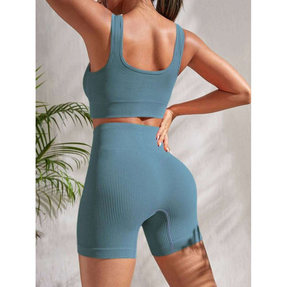 Seamless Yoga Workout Sets for Women 2 Pieces Gym Suits Ribbed Crop Tank High Waist Shorts Outfits Fiess Running