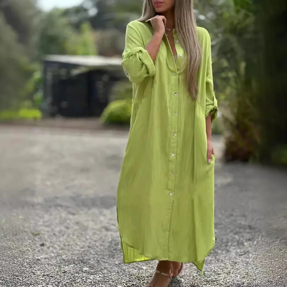 Womens Dress Cotton Linen Shirt Long Skirt Fashion Casual Long Sleeve Cardigan Dress 250725