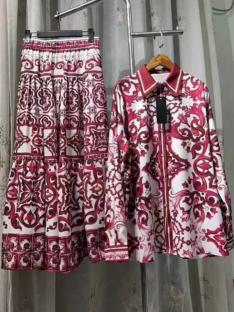 Retro lapel long sleeve geometric print shirt elastic waist big swing skirt spring and summer womens two-piece fashion suit 250728