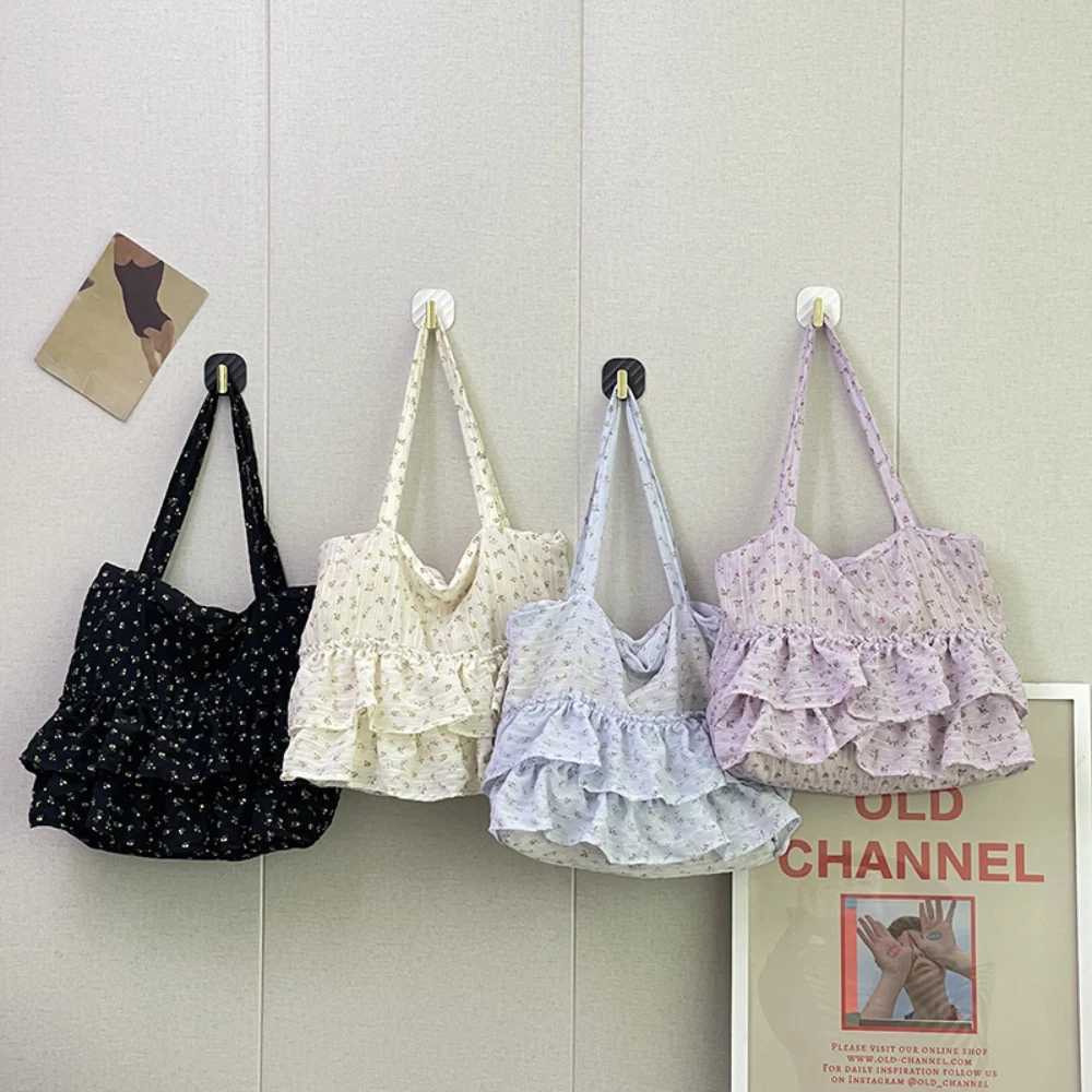 Women Large Capacity Tote Bag Korean Ins Floral Print Ruffles Soft One Shoulder Bags Daily Working Commute Underarm Packs Y250730