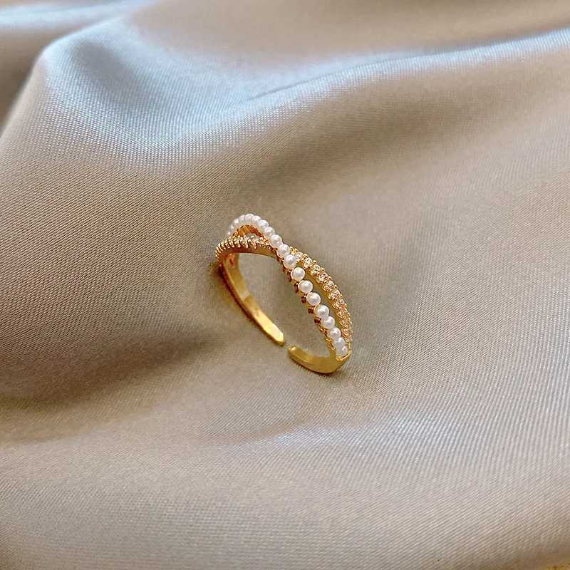 Stainless Steel Temperament Pearl and Zircon Double Layer Crossing Rings for Women Luxury Finger Jewelry Bride Gift Colorfast y250730