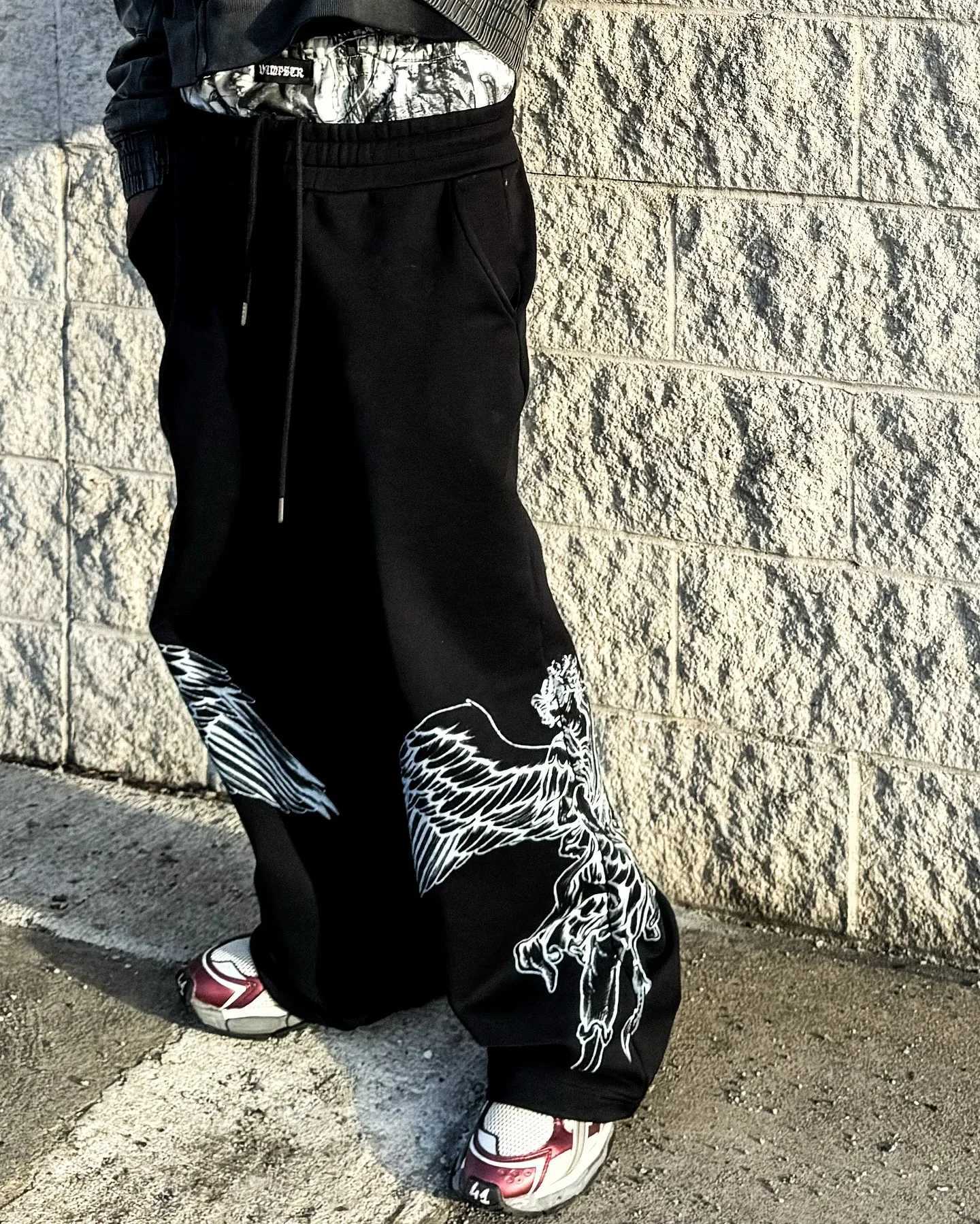 2K Retro Hip Hop Sweatshirt Sweatpants 2-Piece Set Double Waist Patchwork Drawstring Sports Pants Tracksuit Men Print Hoodie Suit XJ250731