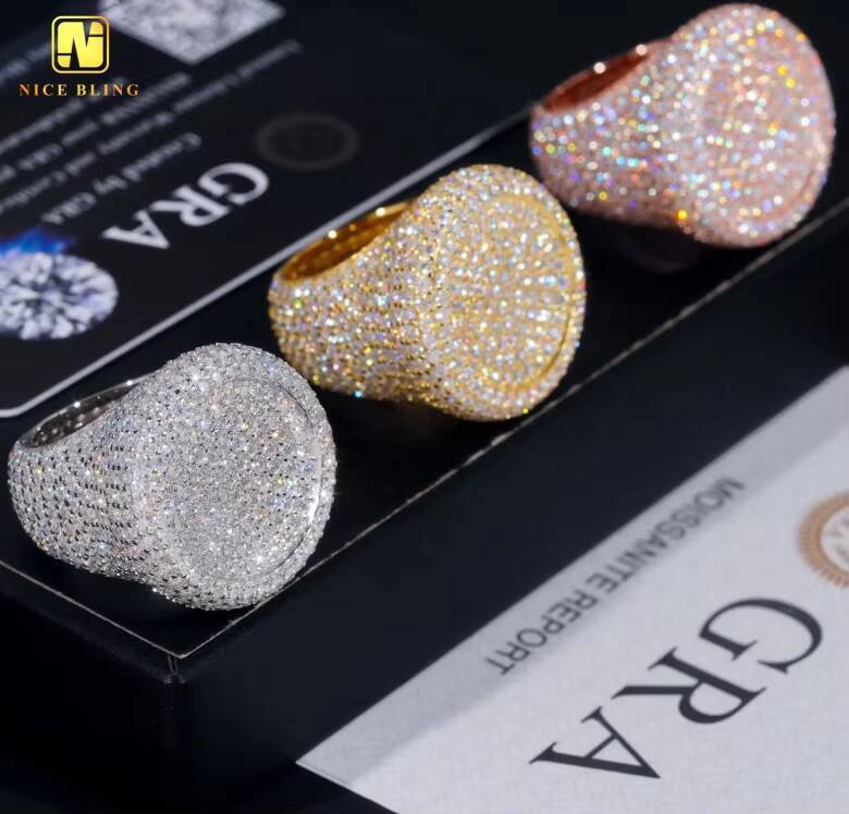 Stock Pass Diamond Tester Hip Hop Jewelry 925 Silver Fully Iced Bubble Edge Round Diamond Moissanite Men Ring