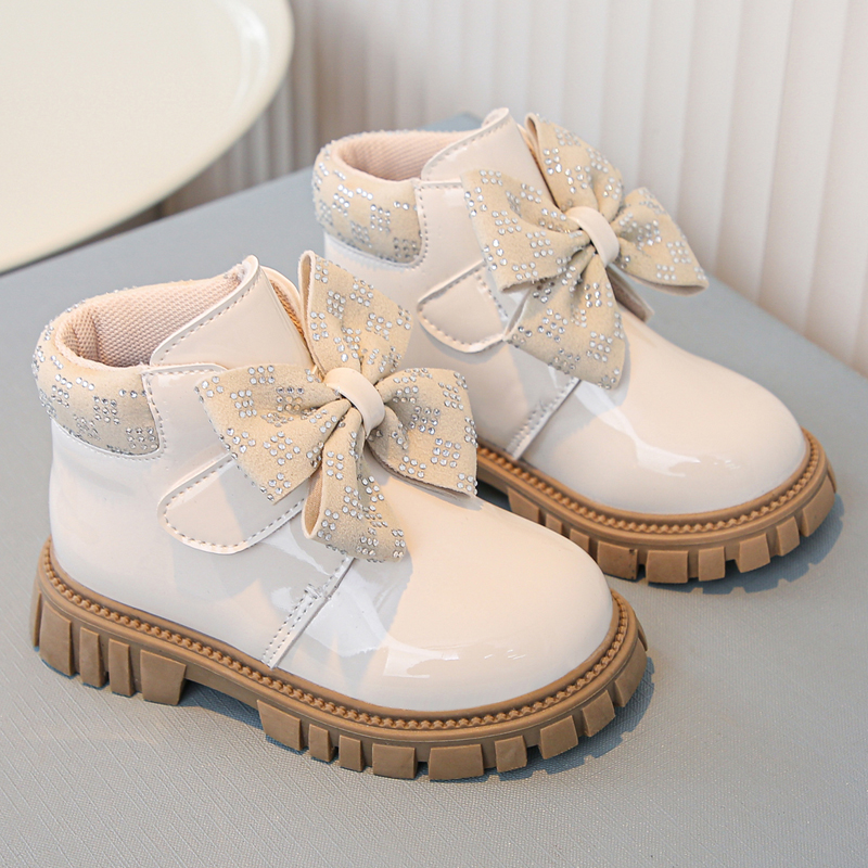 Sweet bow girls short boots glossy princess style children's boots cute baby leather boots