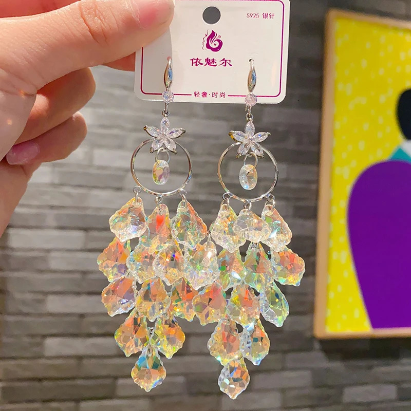 Fashion Shiny Purple Crystal Waterdrop Dangle Earrings for Women Trend Big Earring Wedding Banquet Party Jewelry Gift 250730