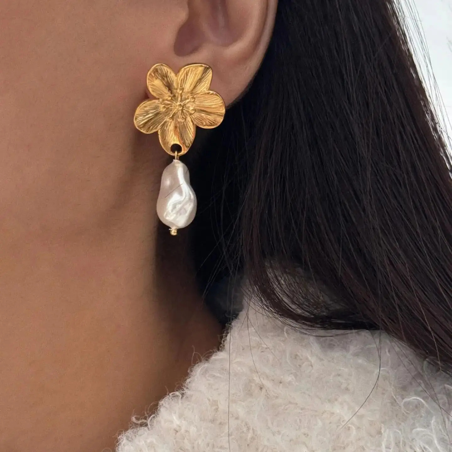 Youthway Fashion Flower Pearl Dangle Earrings Tarnish Free Stainless Steel Metal Personality Jewelry Gift 250730