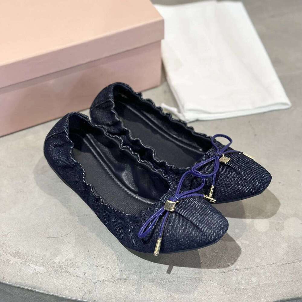 Women Genuine Leather Ballet Flats Butterfly Knot Denim Round Toe Slip On Solid Colors Designer Shoes Zapatillas De Mujer c88