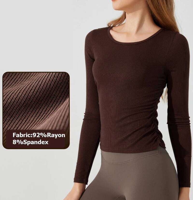 Long Sleeve Yoga Shirt Women Solid Color Slim Fit Breathable Ribbed Gym Running Top Female Sportswear Workout Clothes