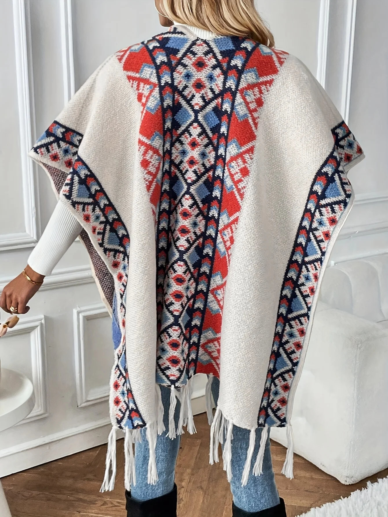Womens Spring Fall Fashion Tassel Cardigan Collar Ethnic Style Retro Outer Cape Knitted Sweater 250730