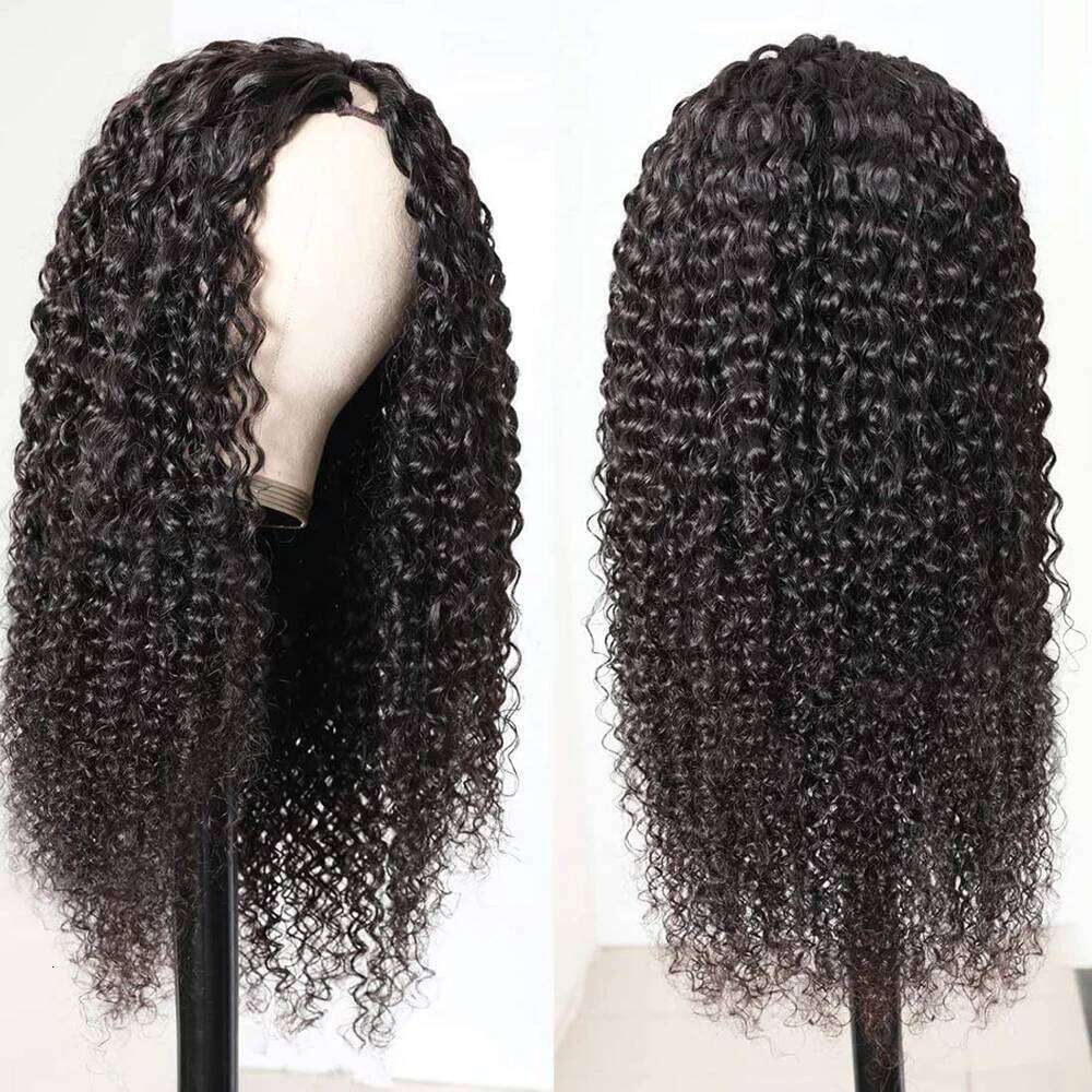 Kinky V Leave Out No Glue Brazilian Deep Curly Wave U Part Human Hair Wig for Women 180% Density
