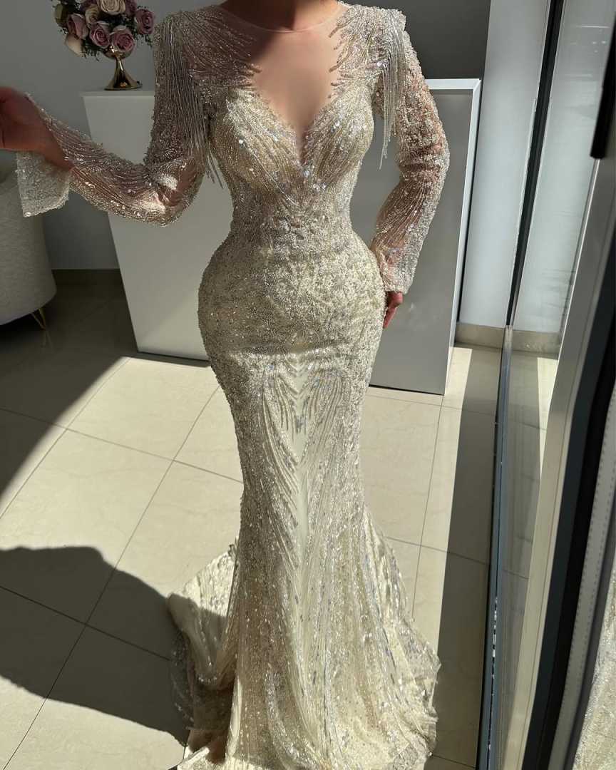 Luxury Evening Dresses For Women Jewel Neck Long Sleeves Gown Sequins Appliques Sweep Train Dress Party Customized Dress