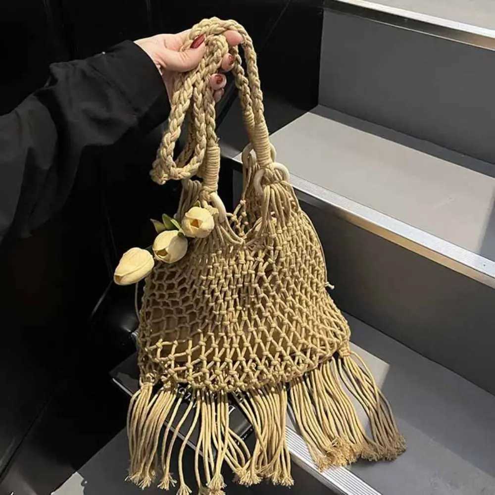 Hollow Out Cotton Thread Woven Bag Tote Bag Bohemian Style Tassel Beach Bag Beach Handbag Bucket Bag Hollow Shoulder Bag Summer Y250730