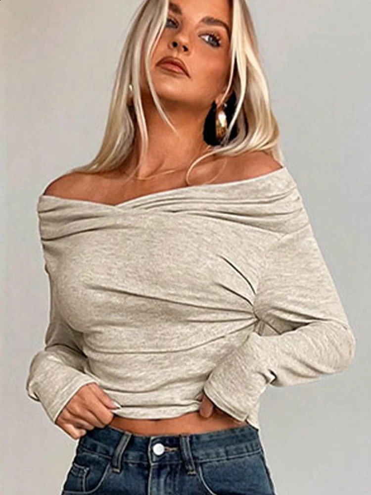 Women T-shirt Autumn Streetwear Fashion Long Sleeves Folds Casual Slim Tees Solid Sexy Off Shoulder Elegant Womens T-shirt 250725