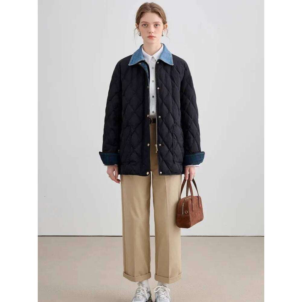 Cowboy Dia Grid For Women's Autumn Winter New Style, High-End And Fake Two-Piece Splicing Cotton Jacket 250728