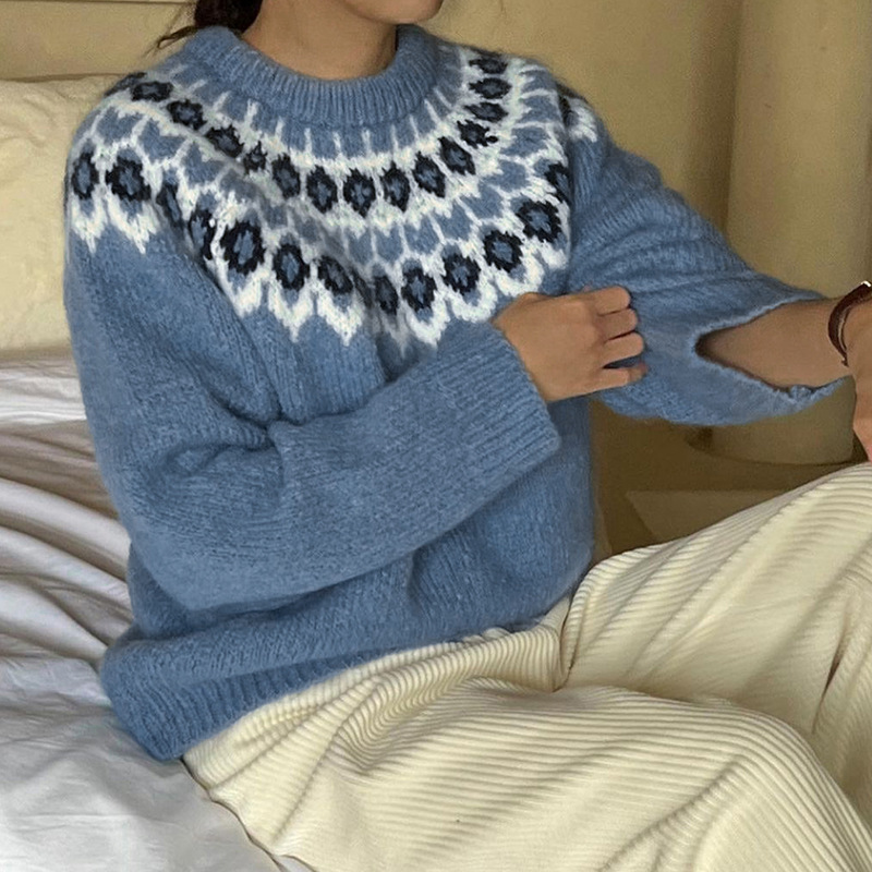 Free Shipping Korean Style Ethnic Knitted Sweater Women's Fall Pullover Versatile Casual Top | FW25