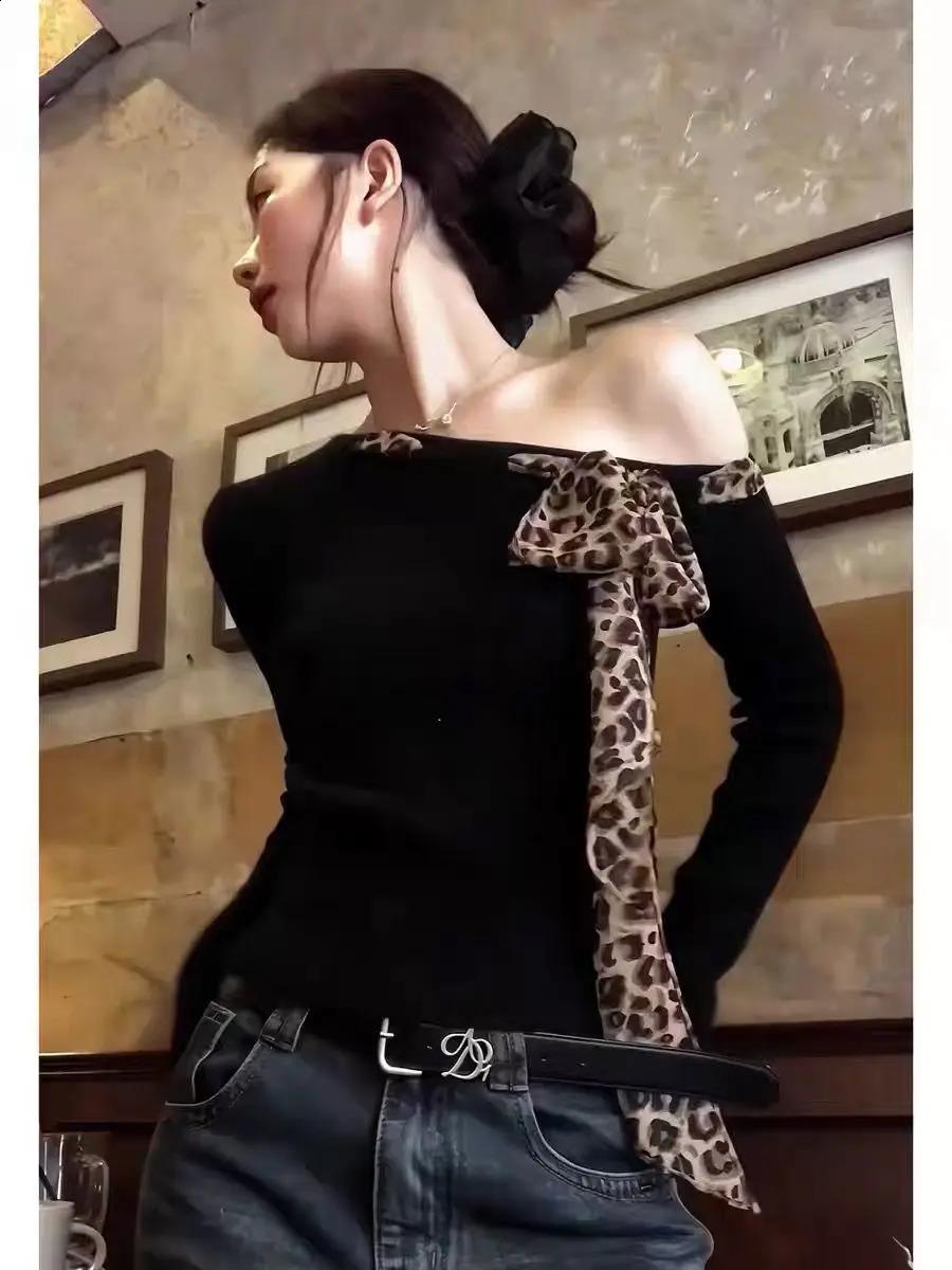 Off Shoulder Tops Y2K Bow Tied Long Sleeve Leopard T-Shirt Women Sexy Tight Basic Crop Top Lady Casual Black Tees Korean 250725