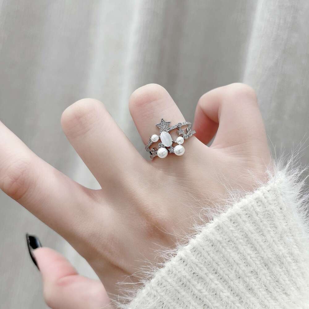 Mangxing Pearl Zircon Double Layer for Women, Elegant and Luxurious High-end Index Finger Ring, Unique Niche Design Ring d5d