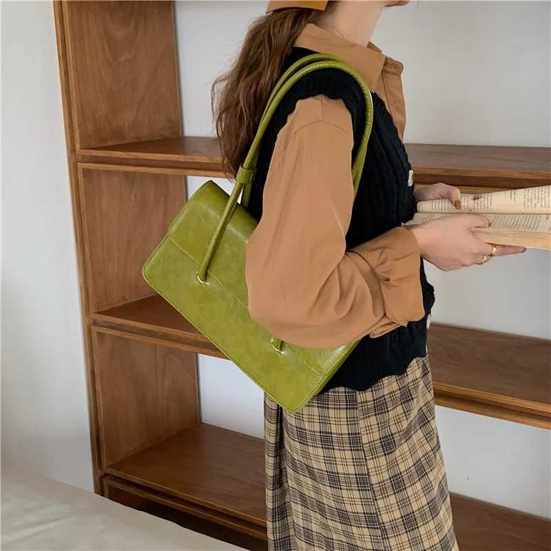 Simple Womens Underarm Bag Vintage Green Ladies Square Shoulder Bags Winter Fashion Female Tote Purse Top Handle Handbags Y250730