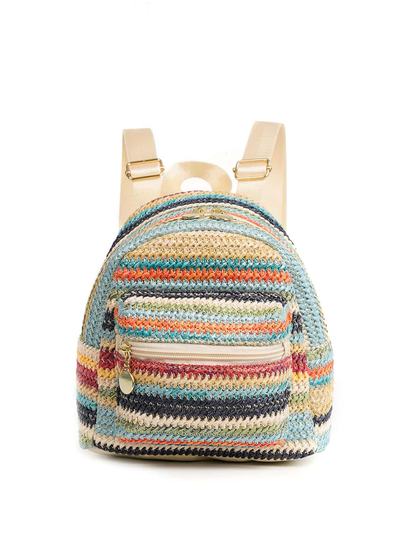 2025 Women's Backpack New Designer Double layer Zipper Casual Personalized Straw Woven Backpack