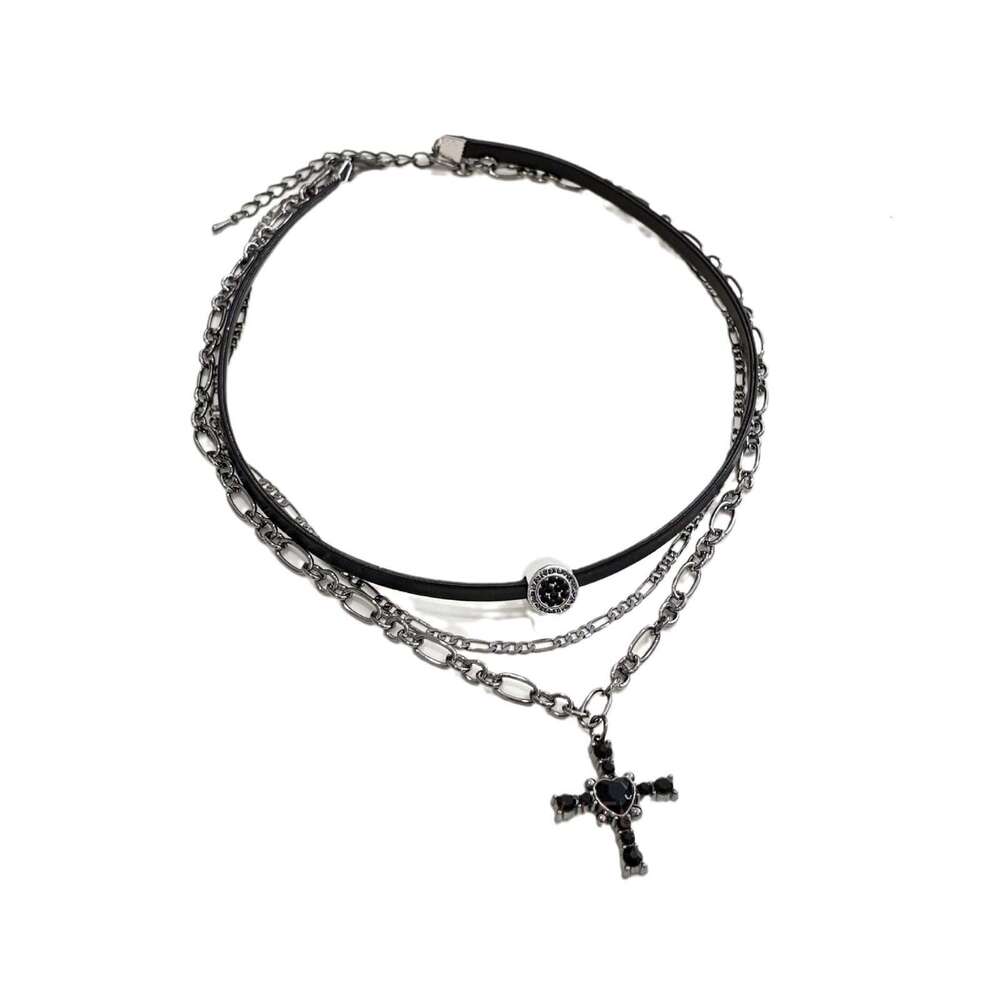 Dark Cross Leather Cord Multi-layer Stacked Necklace for Women Sweet Cool Light Simple Design Exquisite High-end Clavicle Chain b28
