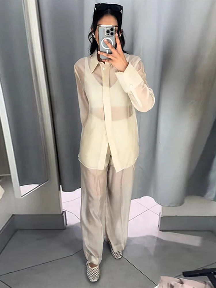 Fashion Womens Visible Shirts Blazer Trouser Suits Long Sleeve Button Pocket Lady 3 Pieces Set Spring Summer Female Suit 250731