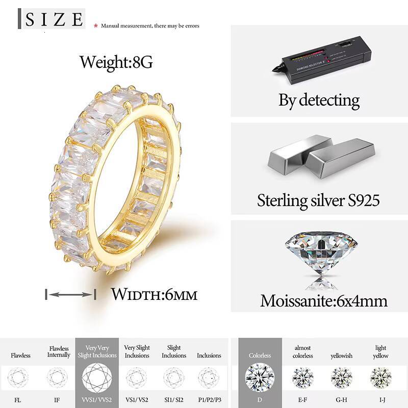 Fine Engagement Jewelry 925 Sterling Silver Emerald Cut 6.5mm VVS Moissanite Diamond Wedding Band Ring for Women Men