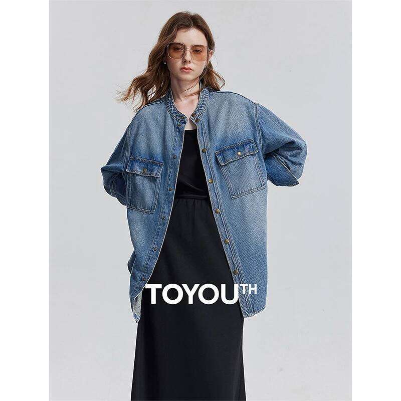 TOYOUTH Women Denim Jacket 2025 Spring New Pocket Stand Collar Workwear Single Breasted Button Streetwear Outwear Coat 250728