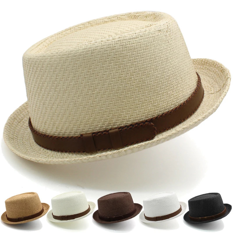 Men Women Classical Straw Pork Pie Hats Fedora Sunhats Trilby Caps Summer Boater Beach Outdoor Travel Party Size US 7 1/4 UK L 250730