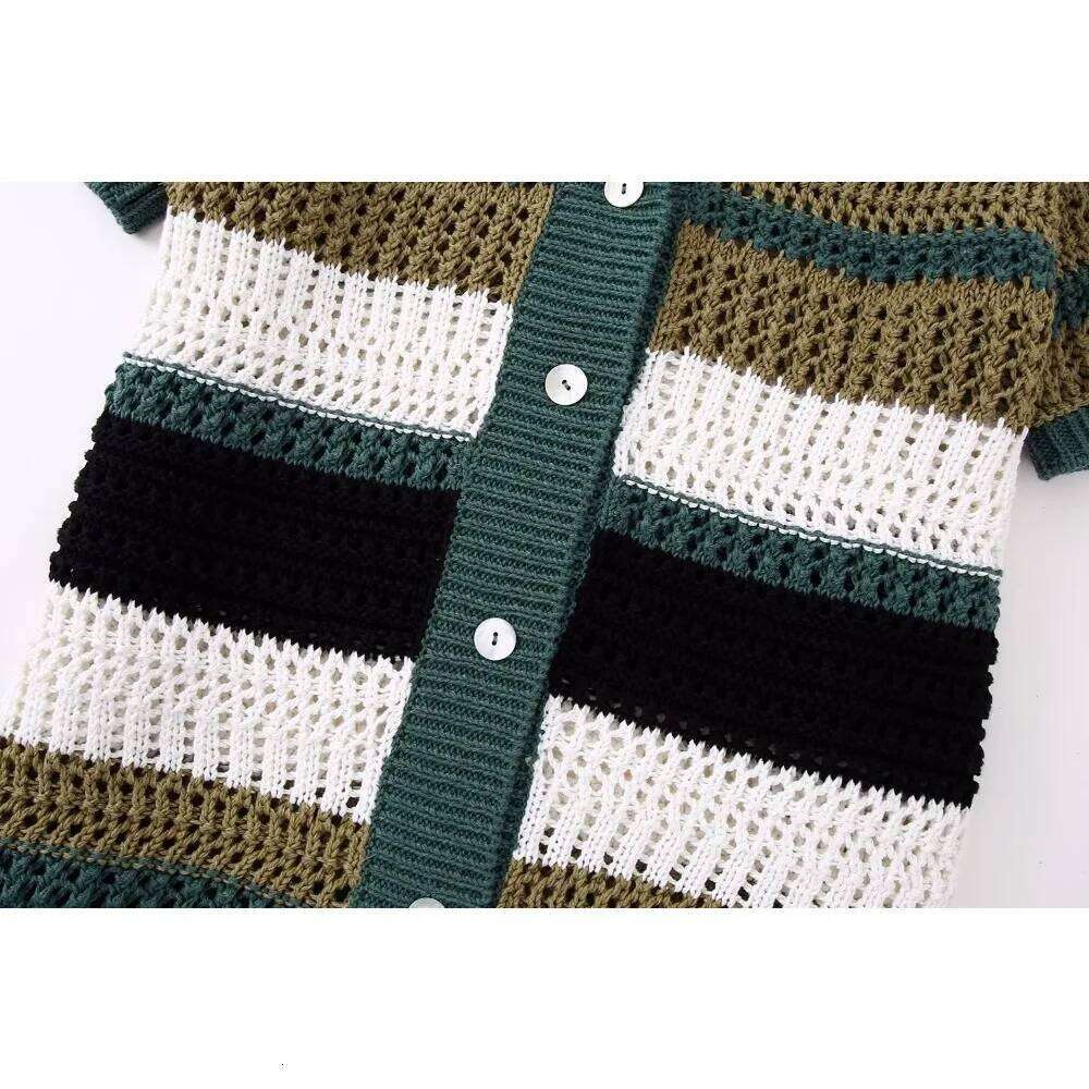 Designer Clothing 2025 Aoaiiys Striped Knitted Women's Short Sleeve Sweater Turn-Down Collar Fashion Single Breasted Elegant Summer Cardigans