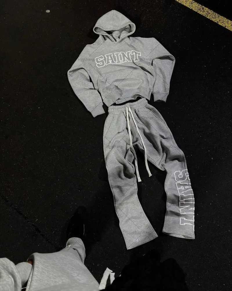 New Hip-hop Streetwear Mens Suit High Street Casual Retro Letter Print Streetwear Tracksuit Harajuku Gray Zipper Hoodie Women XJ250731