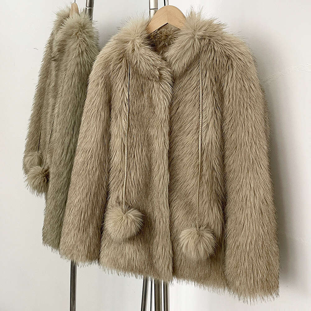 Women's Clothing Faux Fox Fur Coat For Women With Pom-Pom Details, Cute And Stylish, Thickened Warm Fuzzy Jacket, Mid-Length Outerwear, Coffee Be