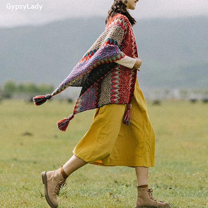 GypsyLady Vintage Boho Cloaks Capes Top Red Women Autumn Winter Floral Knitted Poncho Capes Tassels Chic Cloak Poncho Outwear 250729