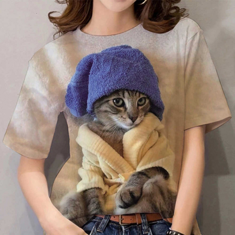 2025 Europe and America Hot selling Women's S Round Neck D Cartoon Cat Digital Printed Short Sleeve New T-shirt New Designer T-shirt