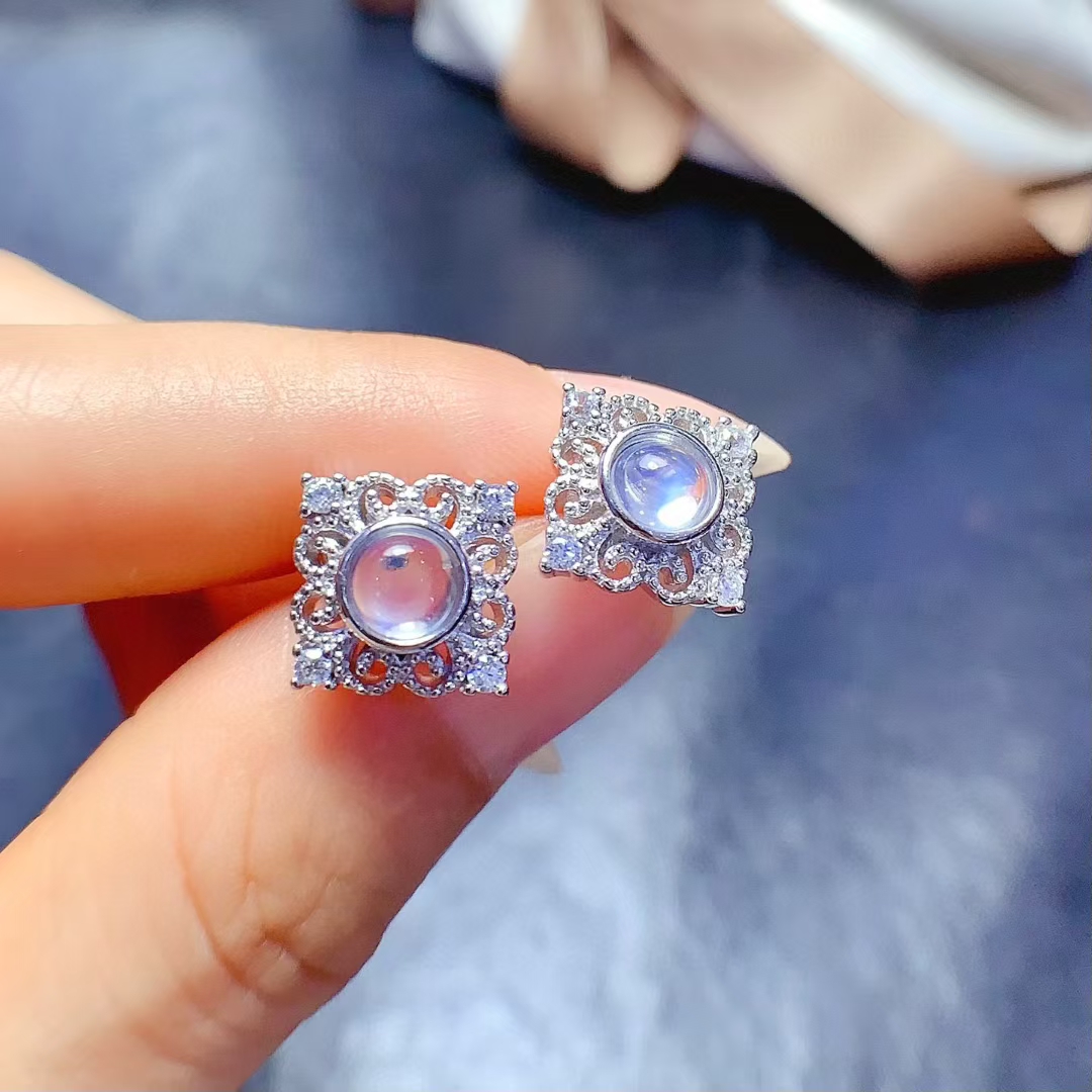 Vintage moon stone Stud Earrings for Party 5mm 100% Natural moonstone Silver Earrings 925 Silver Jewelry allergy free