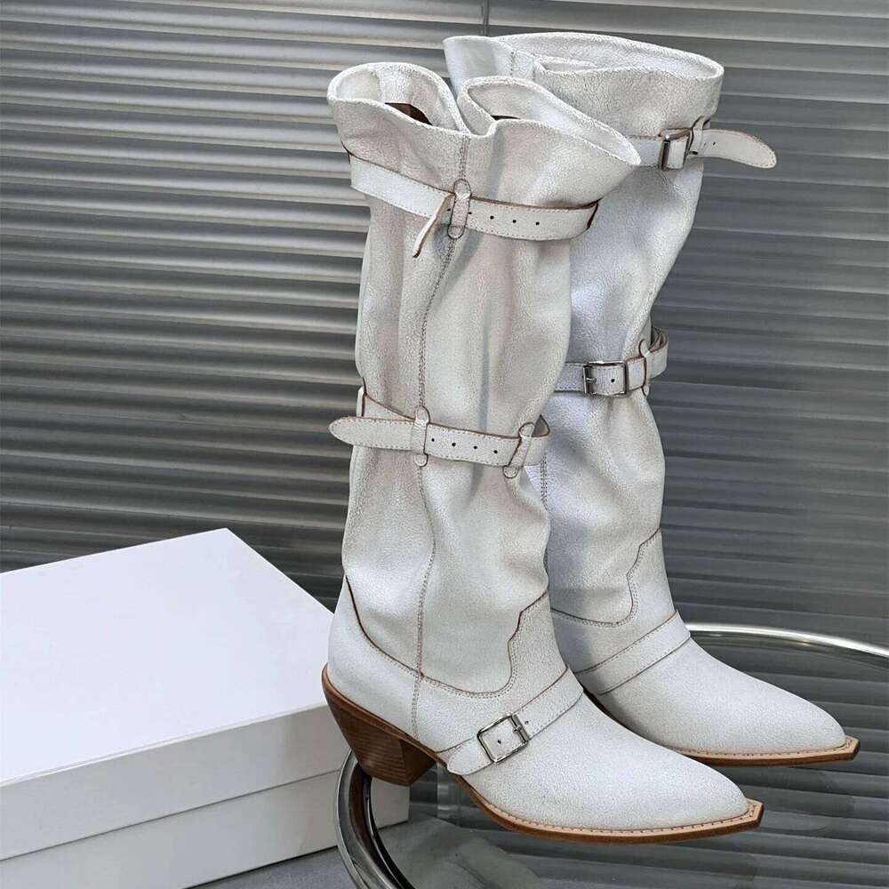 Women Size35-42 Genuine Leather Med Heels Natural Cow Suede Knight Boots Pleated Designer Shoes Zapatillas De Mujer 31b