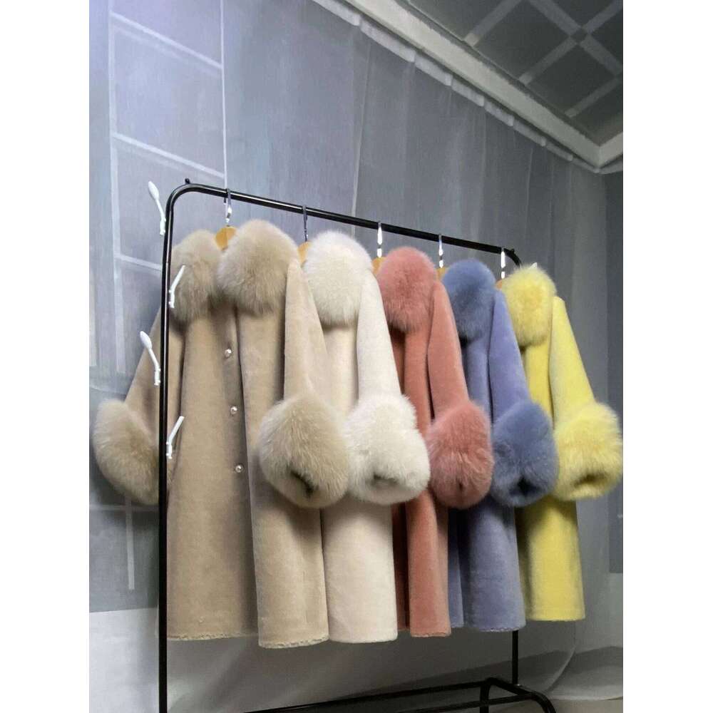 Designer Clothing FURYOUME Long Real Coat For Women Casual Jacket Sheep Shearing Wool Blends Fox Fur Collar Thick Warm Outerwear Winter New Fashion