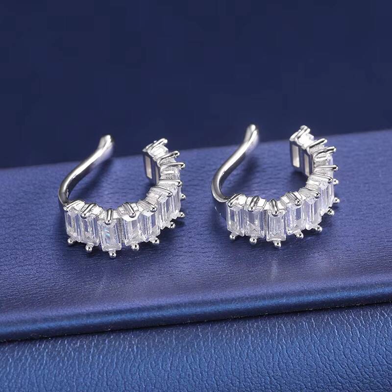 925 Sterling Silver Baguette Zircon Earrings Ins Hot Sells Iced Out Emerald Cut Diamond Cuff Earrings for Men Women