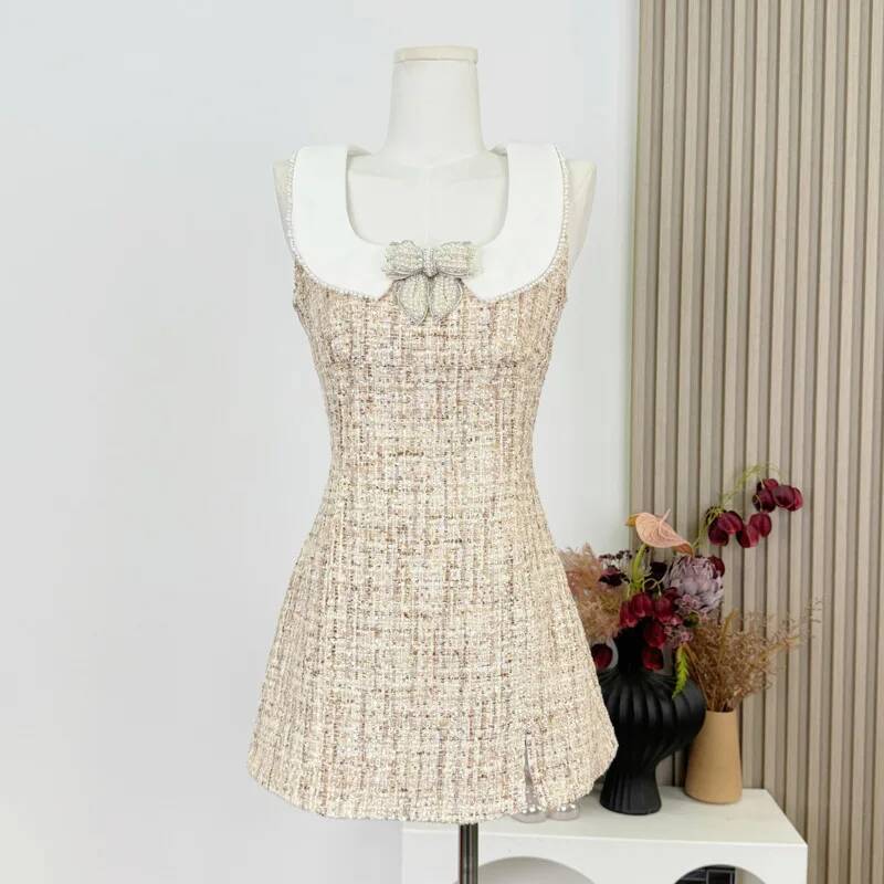 Korean Sweet Tweed Small Fragrance Short Dresses For Women 2025 Fashion Beading Summer Dress Hotsweet Sexy Party Vestidos dongdumaoyi