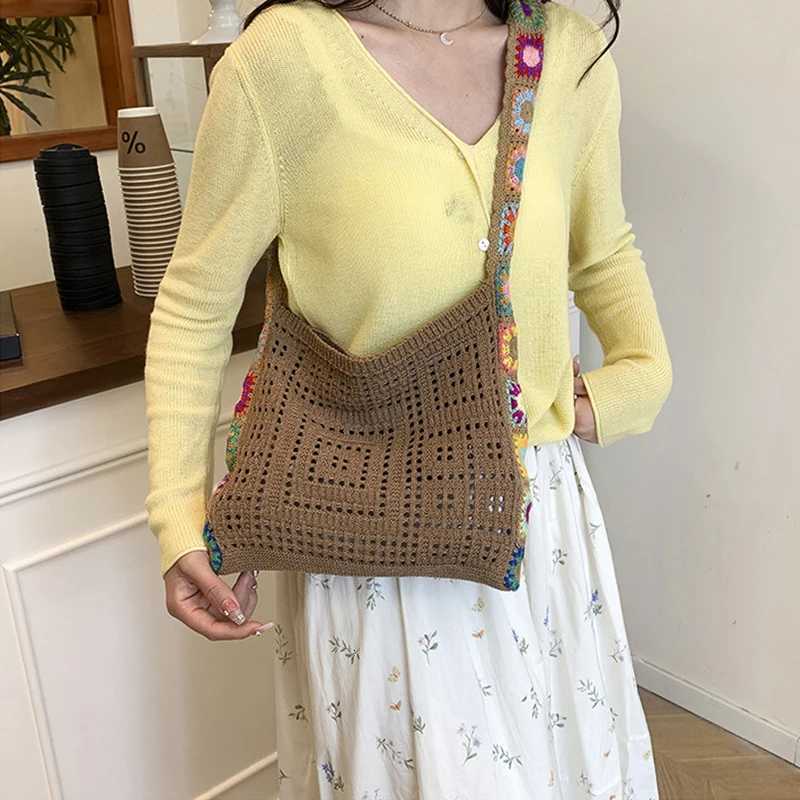 Large Capacity Fashion Boho Tote Bag Trendy Floral Crochet Handmade Knitted Bag Vintage Multicolor Hollow Out Handbag G250729