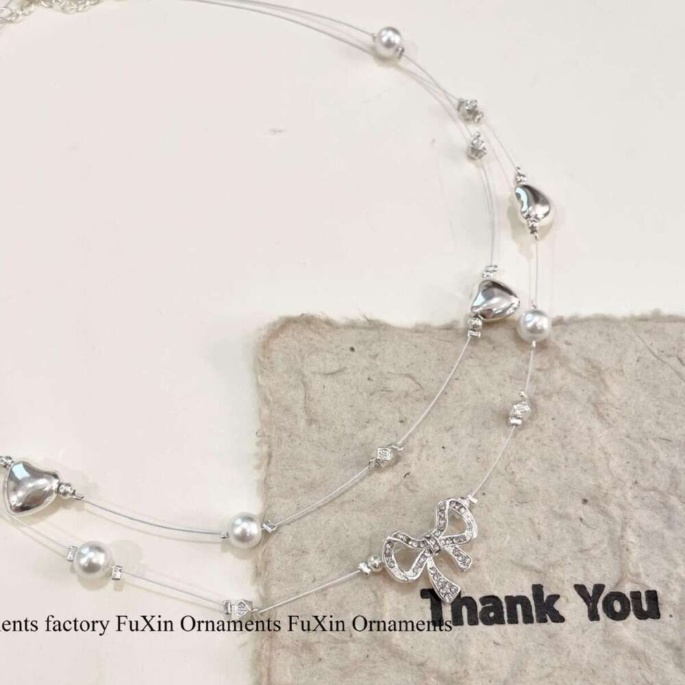 Super Fairy Sweet Starry Heart Pearl Necklace Fashionable Temperament Design High-end Clavicle Chain Bowknot f8d